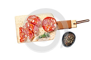 Sliced chorizo salami. Spanish traditional chorizo sausage. Isolated on white background. Top view.