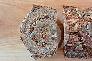 Sliced chrono bread with seeds, close up from above