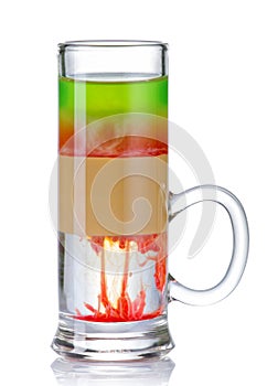 Sliced colorful shot drink cocktail isolated on white