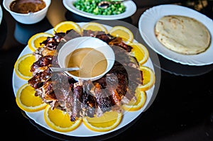 Sliced crispy Peking duck with pancakes