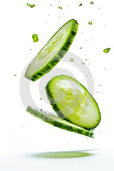 Sliced cucumbers floating in mid-air on a white background, showcasing their fresh, crisp texture and vibrant green color photo