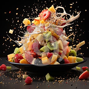 Sliced cut fruits falling into bowl of fruit salad