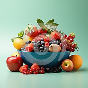 Sliced cut fruits falling into bowl of fruit salad