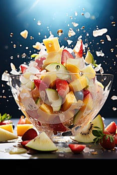 Sliced cut fruits falling into bowl of fruit salad