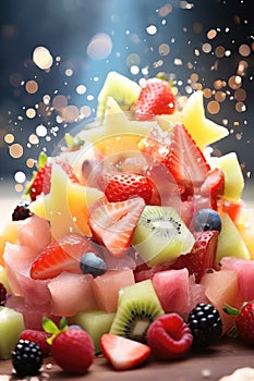 Sliced cut fruits falling into bowl of fruit salad