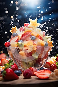 Sliced cut fruits falling into bowl of fruit salad