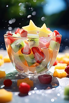 Sliced cut fruits falling into bowl of fruit salad