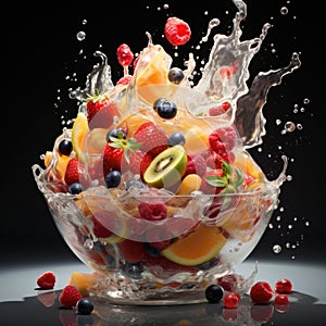 Sliced cut fruits falling into bowl of fruit salad