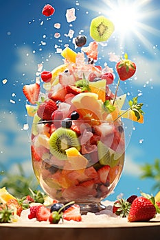 Sliced cut fruits falling into bowl of fruit salad