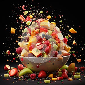 Sliced cut fruits falling into bowl of fruit salad