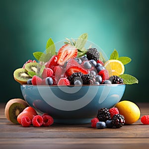 Sliced cut fruits falling into bowl of fruit salad