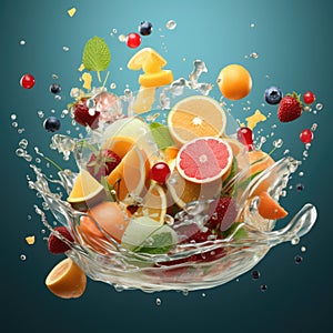 Sliced cut fruits falling into bowl of fruit salad