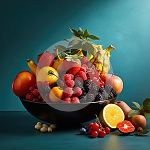 Sliced cut fruits falling into bowl of fruit salad