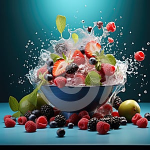 Sliced cut fruits falling into bowl of fruit salad