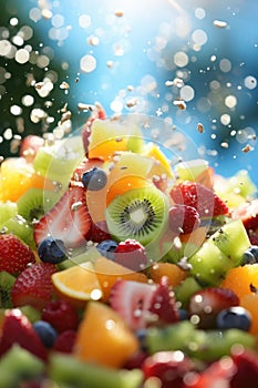 Sliced cut fruits falling into bowl of fruit salad