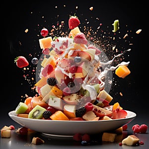 Sliced cut fruits falling into bowl of fruit salad