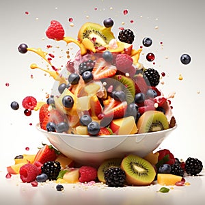 Sliced cut fruits falling into bowl of fruit salad