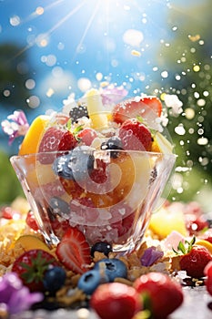 Sliced cut fruits falling into bowl of fruit salad