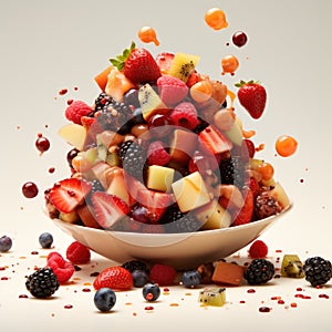 Sliced cut fruits falling into bowl of fruit salad