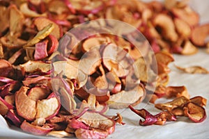 Sliced dried apples. Drying. Dried Apple Background