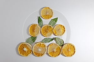Sliced and dried oranges and lemons are laid out on a white background in the shape of a Christmas tree