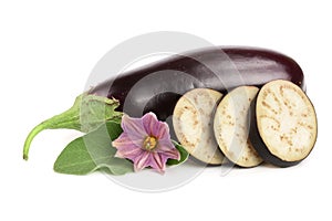 Sliced eggplant or aubergine vegetable with flower isolated on white background