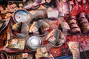 Sliced fish pieces on fish market in HongKong, China