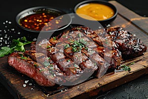 Sliced flank steak cooked medium on a charcoal grill on a dark background. Top view