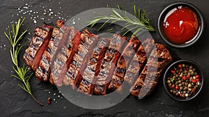 Sliced flank steak cooked medium on a charcoal grill on a dark background. Top view