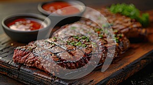 Sliced flank steak cooked medium on a charcoal grill on a dark background. Top view