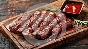 Sliced flank steak cooked medium on a charcoal grill on a dark background. Top view