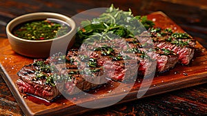 Sliced flank steak cooked medium on a charcoal grill on a dark background. Top view