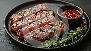 Sliced flank steak cooked medium on a charcoal grill on a dark background. Top view