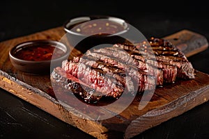 Sliced flank steak cooked medium on a charcoal grill on a dark background. Top view