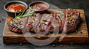 Sliced flank steak cooked medium on a charcoal grill on a dark background. Top view