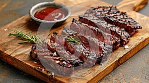 Sliced flank steak cooked medium on a charcoal grill on a dark background. Top view