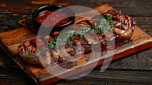 Sliced flank steak cooked medium on a charcoal grill on a dark background. Top view