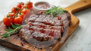 Sliced flank steak cooked medium on a charcoal grill on a light background. Top view