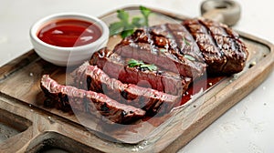 Sliced flank steak cooked medium on a charcoal grill on a light background. Top view