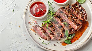 Sliced flank steak cooked medium on a charcoal grill on a light background. Top view