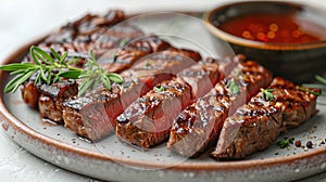 Sliced flank steak cooked medium on a charcoal grill on a light background. Top view