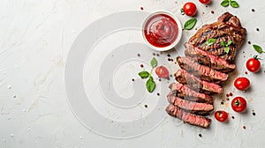 Sliced flank steak cooked medium on a charcoal grill on a light background. Top view