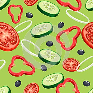 Sliced flying vegetables seamless pattern. Salad ingredients on the green background. Tomato, cucumber, onion and olives.