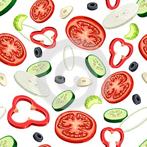 Sliced flying vegetables seamless pattern. Salad ingredients on the green background. Tomato, cucumber, onion, red bell pepper, ol