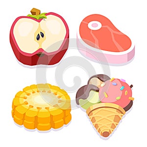 Sliced food vector icons set. Meat, corn, apple, ice cream.