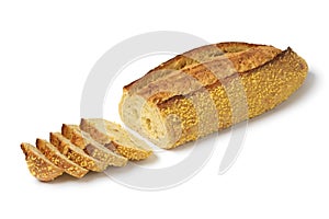 Sliced fresh baked corn bread loaf on white background close up