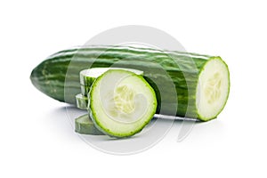 Sliced fresh green cucumber isolated on white background