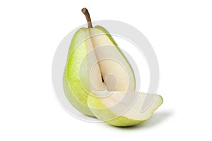 Sliced fresh juicy pear over white