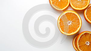 Sliced fresh oranges arranged neatly on a clean white background, showcasing vibrant orange hues and juicy texture