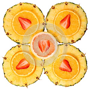 Sliced Fruits isolated. Strawberry, Pineapple, Orange